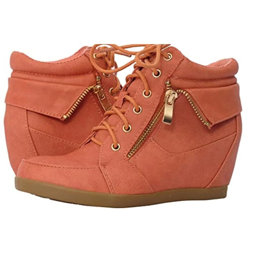 Lucky Top Girls Coral Wedge Sneakers | Lace-Up Leatherette Shoes w/Side Zipper